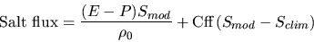 \begin{displaymath}
\hbox{Salt
flux}=\frac{(E-P)S_{mod}}{\rho_0}+ \hbox{Cff} \left(S_{mod}-S_{clim}\right)
\end{displaymath}